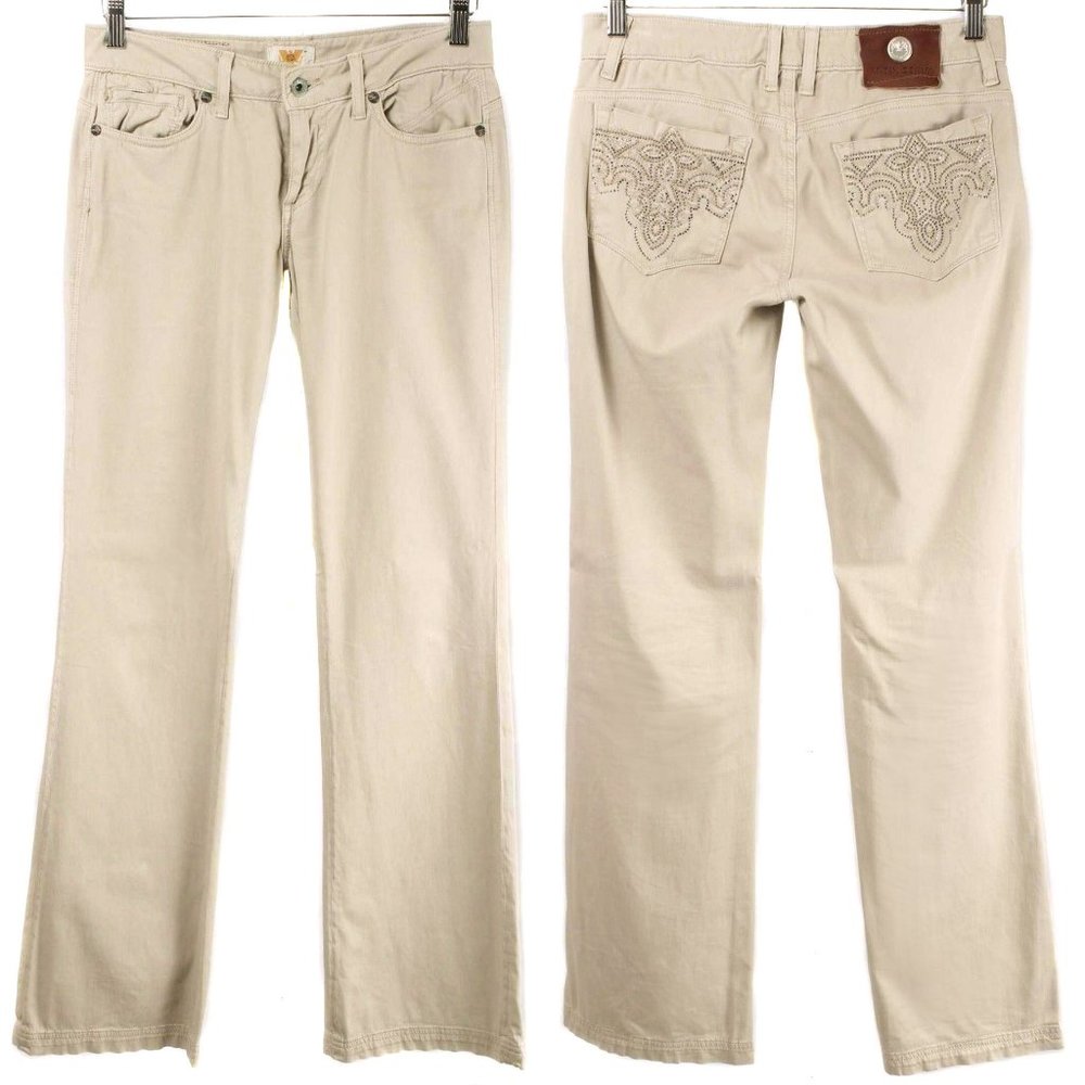 ANTIK DENIM Beige Khaki Embelished Pocket Stretch Bootcut Pants Size 27/4